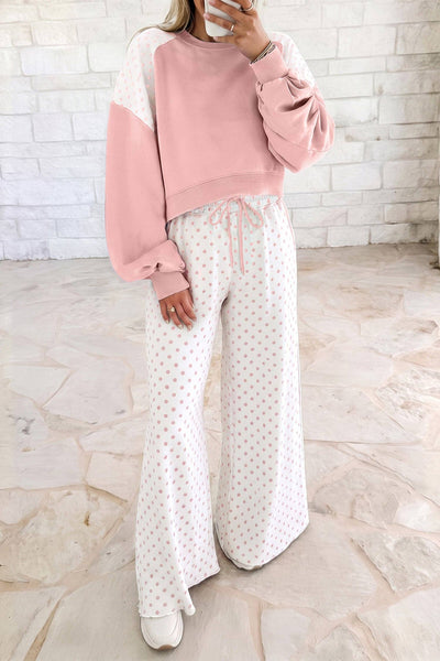 Khaki Polka Dot Patchwork Colorblock Long Sleeve Casual Two Piece Pants Set