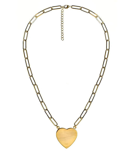 Gold Flat Heart Charm Necklace with Paper Clip Chain - 18k Gold Plated - WS