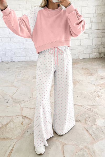 Khaki Polka Dot Patchwork Colorblock Long Sleeve Casual Two Piece Pants Set