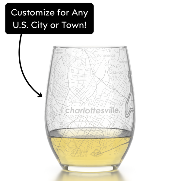 CUSTOM ETCHED - U.S. City / Town Map - Stemless Wine Glass