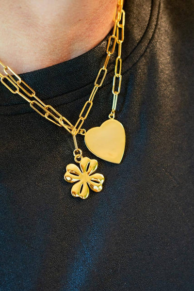 Gold Flat Heart Charm Necklace with Paper Clip Chain - 18k Gold Plated - WS