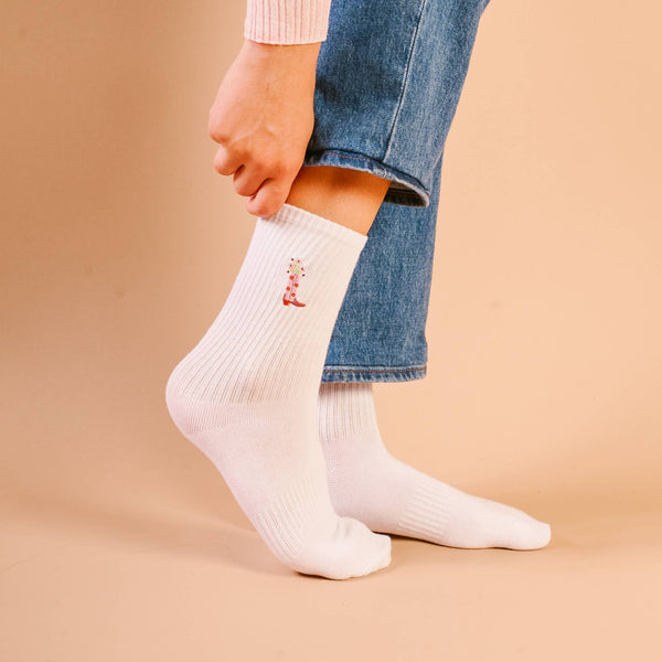 Embroidered Crew Socks-Cowgirl Boot