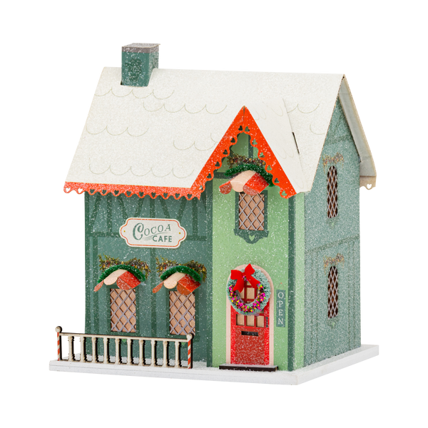 VIL1351 - Green Cocoa Cafe Light Up Christmas Village House