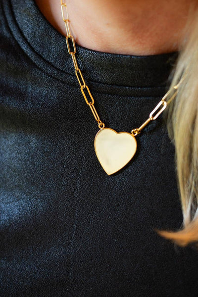 Gold Flat Heart Charm Necklace with Paper Clip Chain - 18k Gold Plated - WS