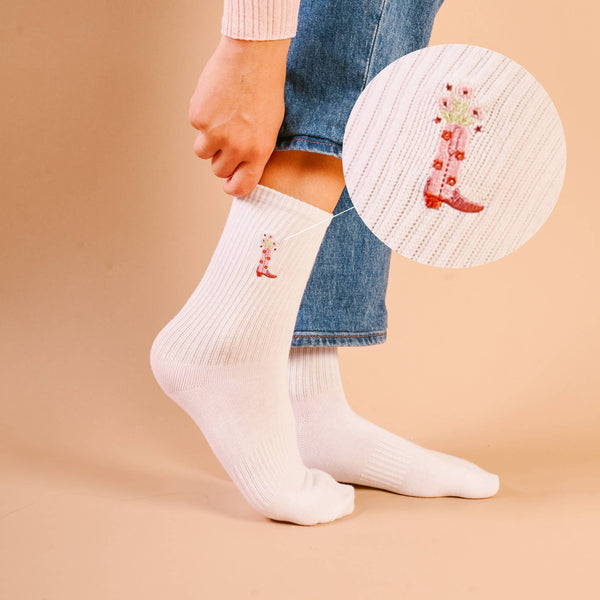 Embroidered Crew Socks-Cowgirl Boot