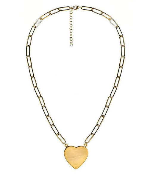 Gold Flat Heart Charm Necklace with Paper Clip Chain - 18k Gold Plated - WS