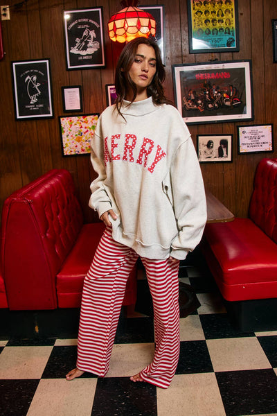 IT2594E-MERRYW | "MERRY" Varsity Mock Neck Sweatshirt