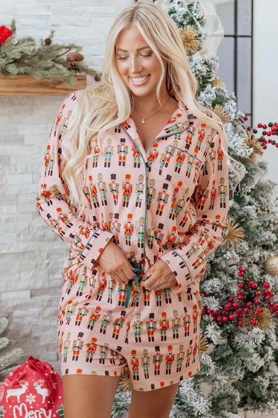 Pink Nutcracker March Long Sleeve Button Up 2pcs Pajama Short Set