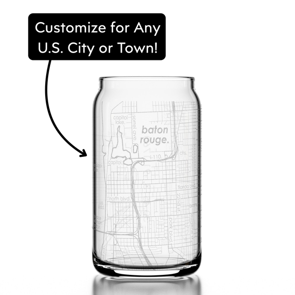 CUSTOM ETCHED - U.S. City / Town Map - Can Glass - 16 oz